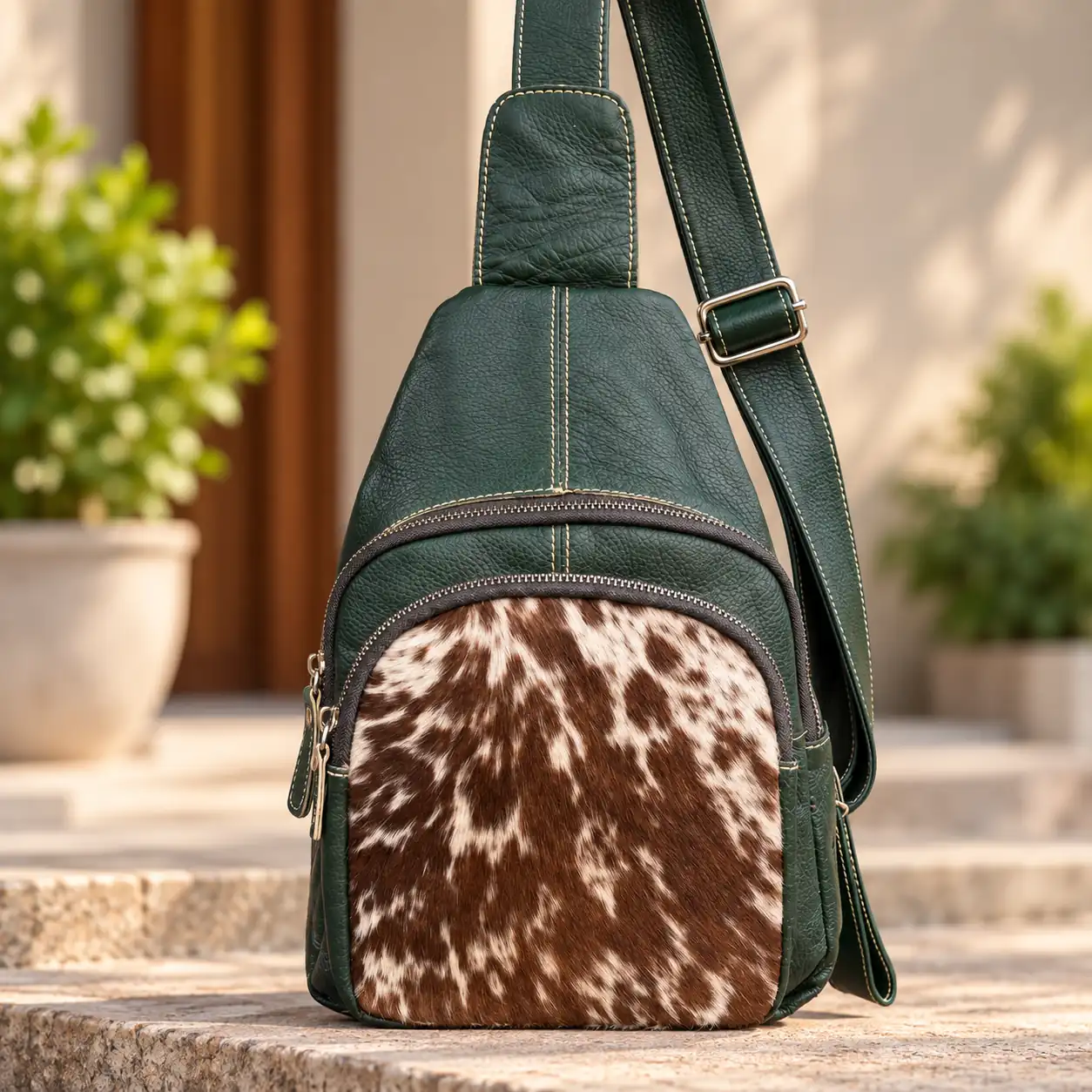 Dark Green Leather Sling Crossbody | Cowhide Sling Australia